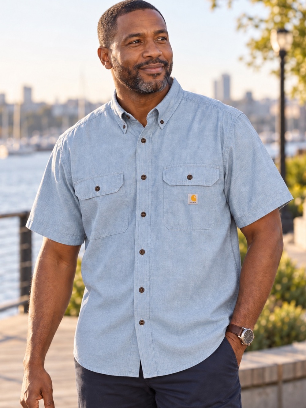 Carhartt Mens Size Large Loose Fit Blue Chambray Short-Sleeve Work Shirt New NWT